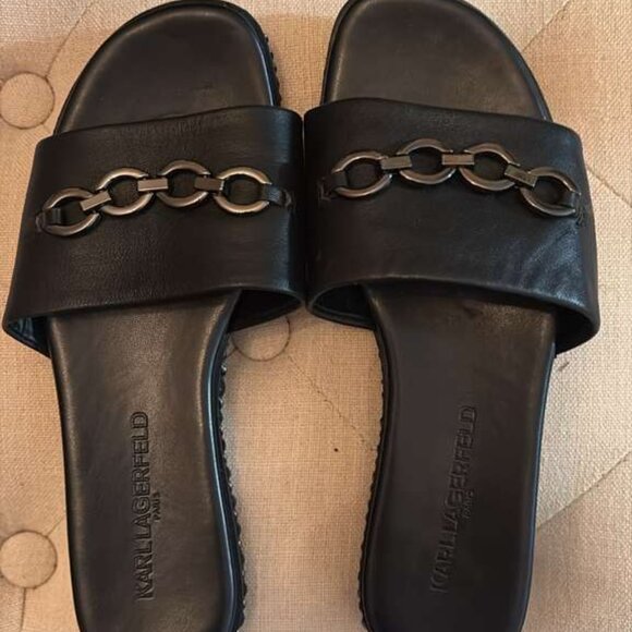 Karl Lagerfeld Paris Black Leather Chain Slide Sandal Size 35 - Picture 2 of 8